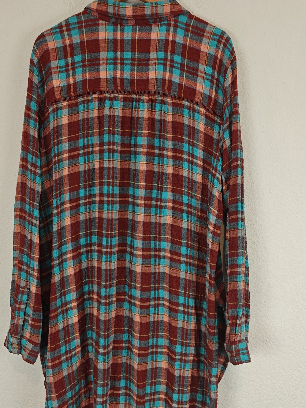 Pilcro Long Plaid Button-Down Shirt Dress in Burgundy and Teal - Picture 15 of 16